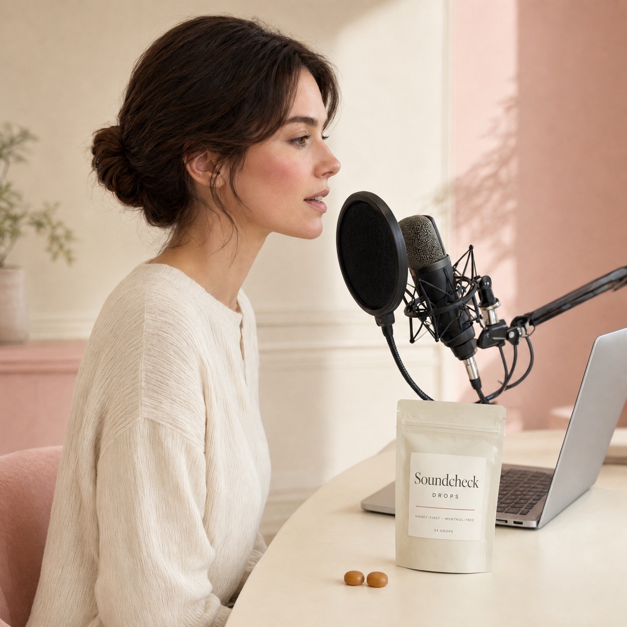 A woman at her desk with a labeled pouch of Soundcheck Drops beside the microphone