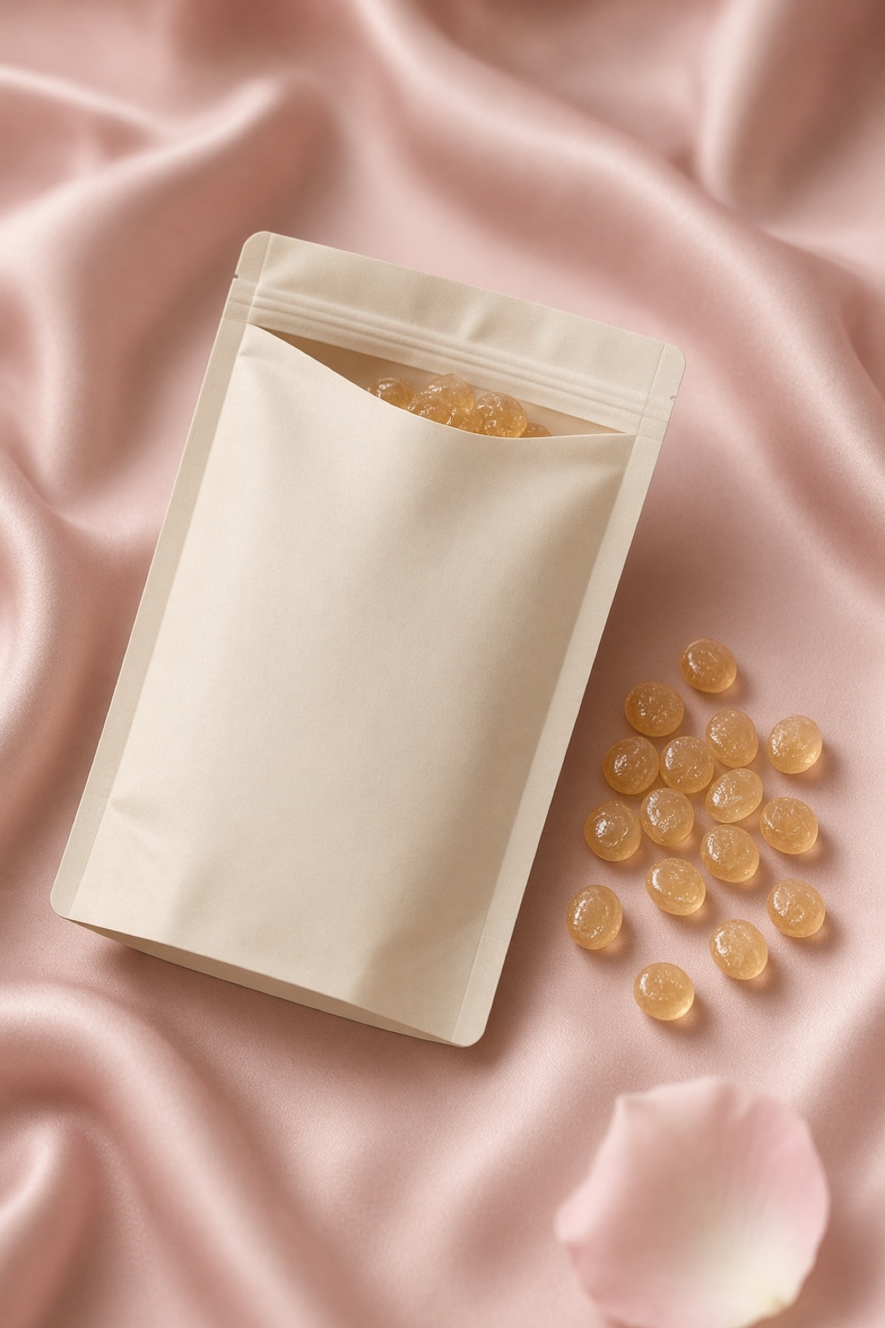 An open Soundcheck Drops pouch with amber drops beside it